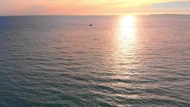 Drone Flies Boat Ocean Colorful Sunset — Stock video