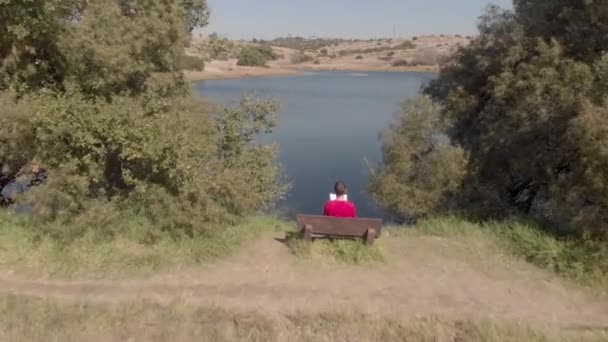Aerial Fly Man Sitting Bench Quiet Lake — Stockvideo