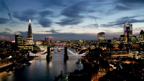 Aerial View London River Thames Including Tower Bridge Shard Tower — Stockvideo