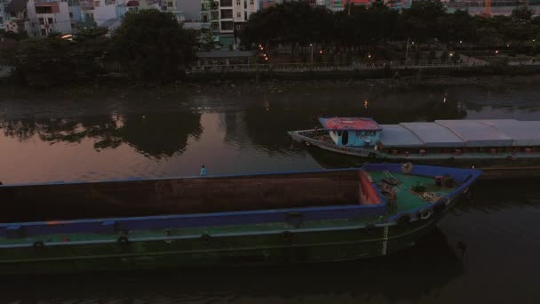 Evening Drone Shot Two Large River Freighters Passing Each Narrow — Vídeo de stock