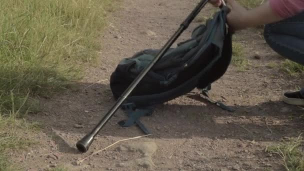 Hiker Sets Backpack Walking Stick — Stok video