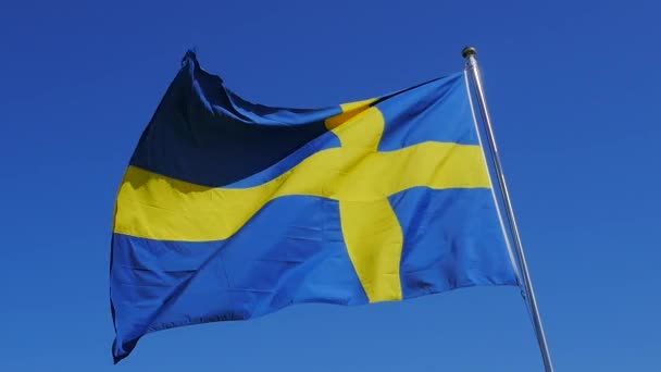 Close Swedish Flag Slow Motion Clear Sunny Day Footage Shot — Vídeos de Stock