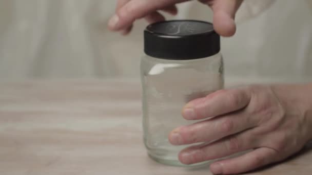 Opening Glass Jar Lid Background Close — Vídeo de Stock