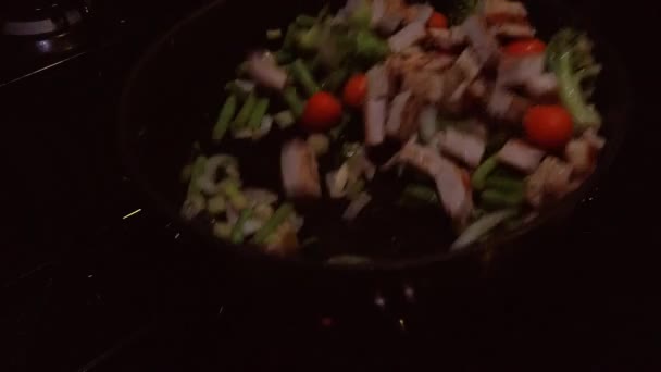 Making Dinner Vegetables Meat Carrots Broccoli Mushrooms Legumes Pork Tenderloin — Video Stock