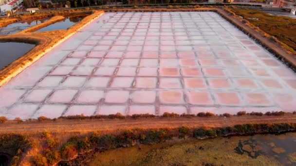 Aerial View Zoom Salt Evaporation Pond Drone Fly Salt Pans — Vídeo de Stock