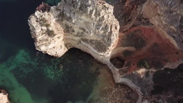 Passing Tall Limestone Sea Cliffs Algarve Coast Portugal Aerial Birds — 图库视频影像