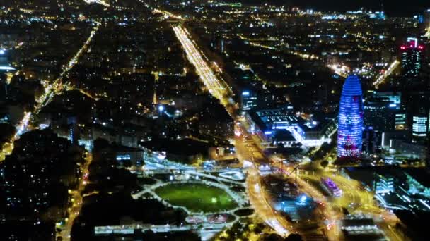 Barcelona Cityscape Aerial Shot Plaa Les Glories Catalanes Night Spain — Stockvideo