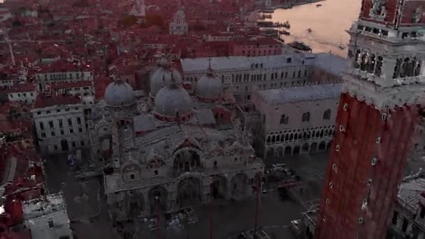 Luchtfoto Van San Marco Square Bij Zonsopgang Venetië Italië — Stockvideo