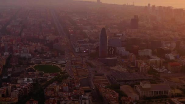 Barcelona Cityscape Aerial Shot Plaa Les Glories Catalanes Sunrise Spain — Video