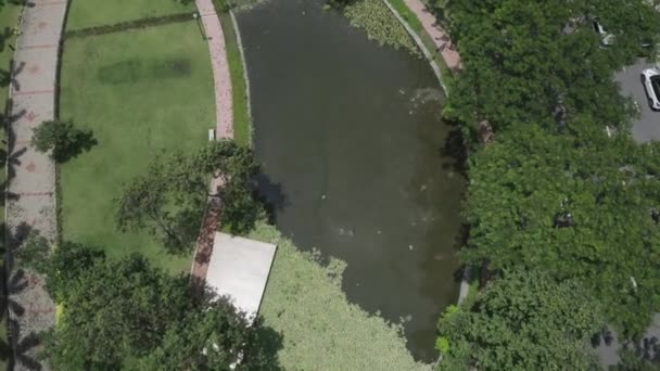 Vanuit Lucht Uitzicht Het Moderne Stadspark Met Meren Weelderige Tuinen — Stockvideo