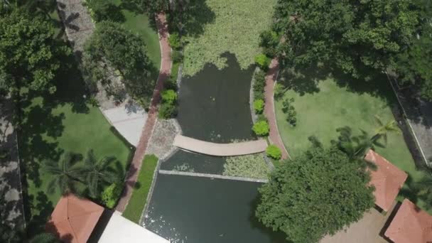 Aerial View Modern Urban Park Featuring Lakes Lush Gardens Bridges — 图库视频影像