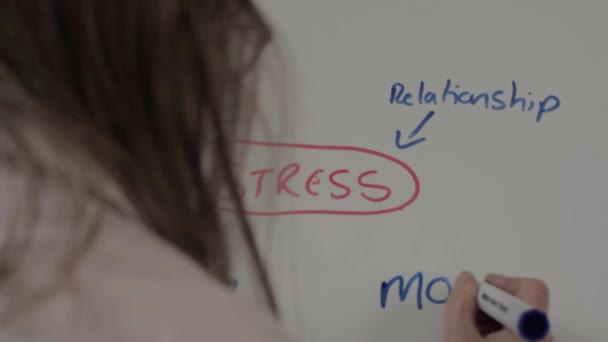 Woman Presenting Stress Management Course Hand Writing Whiteboard — Stockvideo
