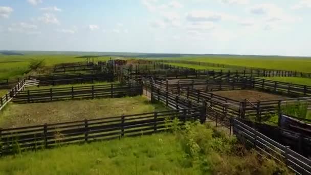 Aerial Drone Shot Bazaar Cattle Pens Flint Hills Kansas Rising — Vídeo de stock