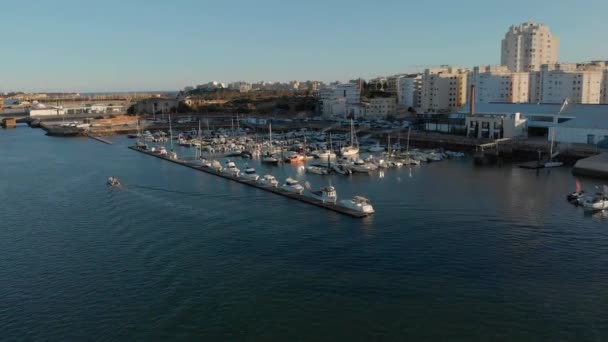 Aerial Moored Boats Portimao Marina Algarve Portugal Skyline Boat Coming — Stock Video