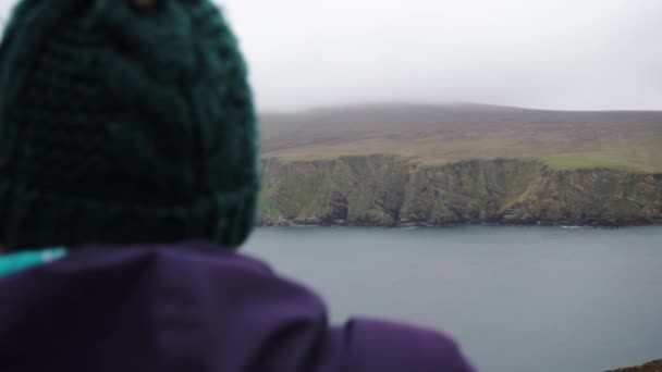 Woman Wooly Hat Looking Out Powerful Scottish Highlands Shetland — Stockvideo