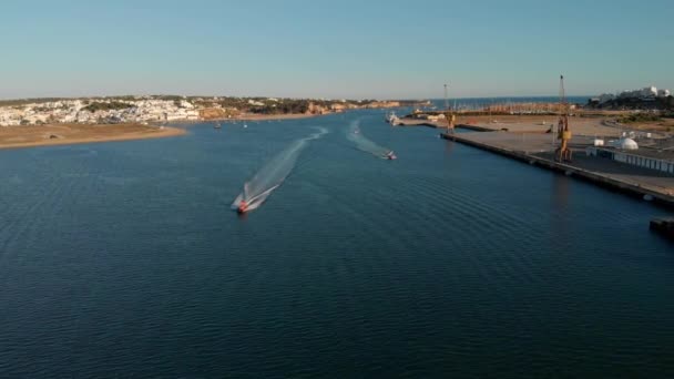 Aerial Fast Approaching Motor Boats Arade River Algarve Portugal — Stockvideo