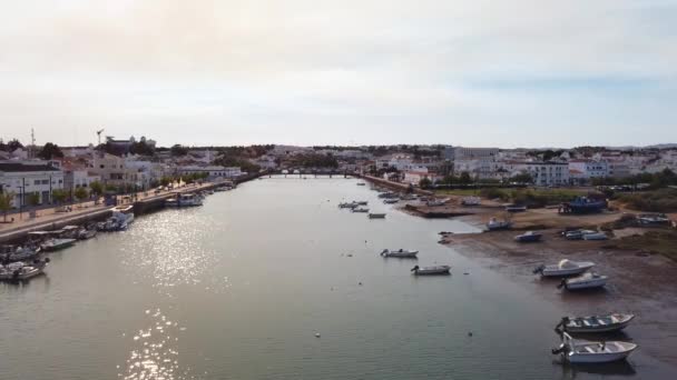 Overlooking Gilao River Tavira Harbor Sunset Portugal Wide — Video