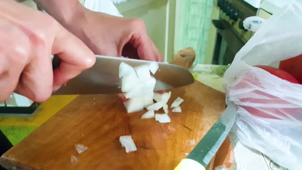 Домогосподарка Готує Їжу Кухні Нарізка Цибулі Ріжучій Дошці — стокове відео