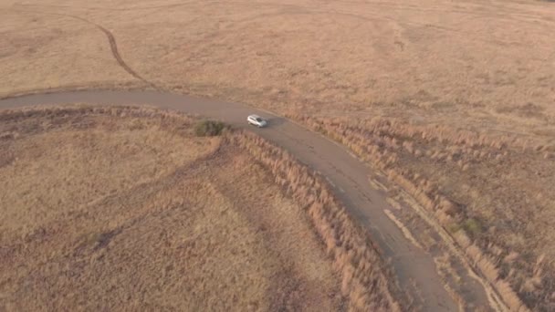 Aerial Tiro Drone Seguindo Carro Torno Uma Antiga Pista Corrida — Vídeo de Stock