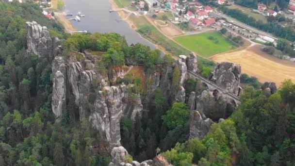 Aerial View Saxon Switzerland Bastei Bridge Bad Schandau Germany — ストック動画
