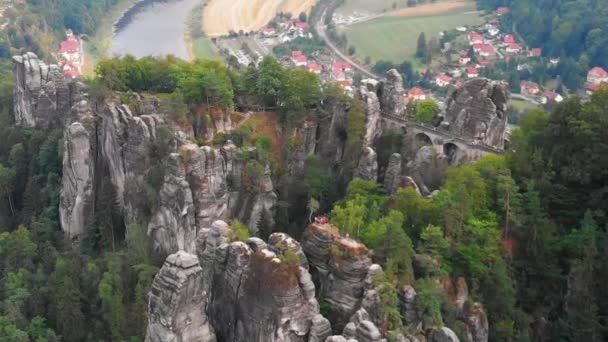 Luchtfoto Van Saksisch Zwitserland Bastei Bridge Bad Schandau Duitsland — Stockvideo