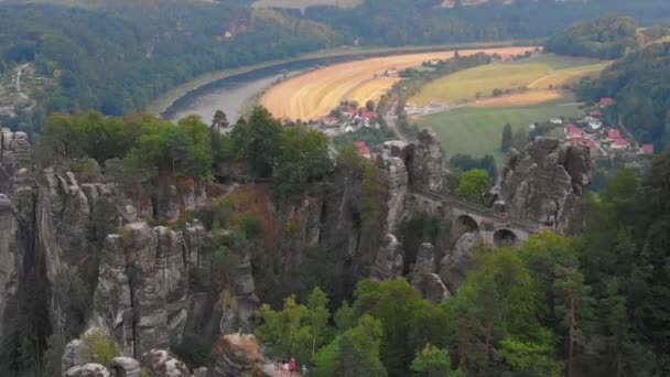 Αεροφωτογραφία Της Σαξονικής Ελβετίας Bastei Bridge Bad Schandau Γερμανία — Αρχείο Βίντεο