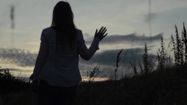 Woman Waving Goodbye Sunset — Vídeo de Stock