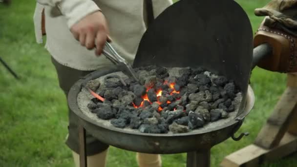 Revolutionary War Reinacter Blacksmith Puts Piece Metal Hot Coals Heat — ストック動画