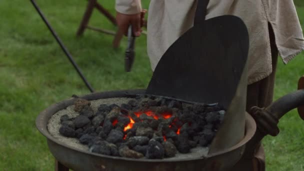 Revolutionary War Reinacter Blacksmith Puts Piece Metal Hot Coals Heat — ストック動画