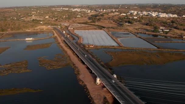 자동차에 공중에서의 전망은 Mexilhoeira Carregao 현대식 포르투갈 아레데 다리를 가로지르는 — 비디오