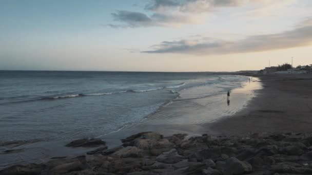 Spokojna Plaża Zachodem Słońca Samotnym Spacerowiczem — Wideo stockowe