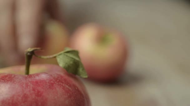 Червоне Яблуко Стеблом Крупним Планом Фокусом Руки Складають Яблука Фоні — стокове відео