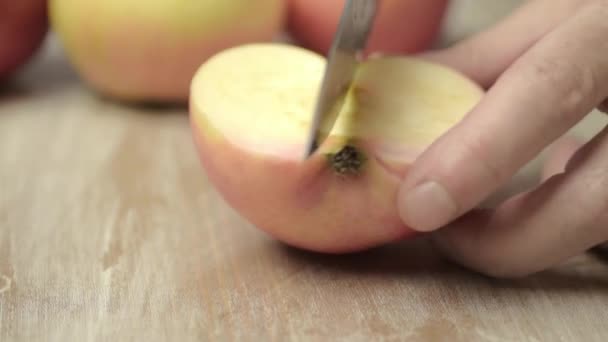 Slicing Juicy Red Yellow Apple Sharp Knife — Videoclip de stoc