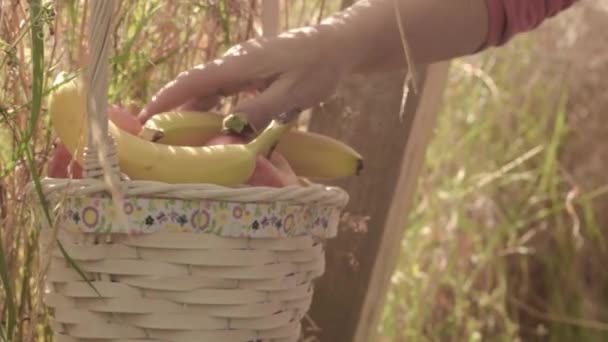 Hand Choosing Healthy Option Fresh Red Yellow Apples Bananas Basket — Vídeos de Stock
