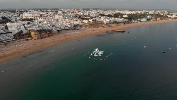 Albufeira Local Beach Drone Flyover Aquatic Park Ocean Aerial View — Stock Video