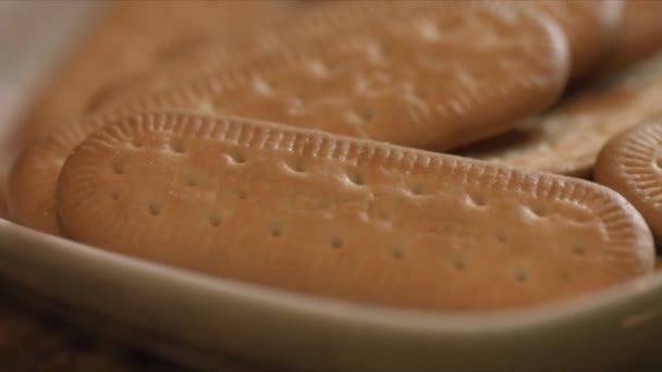 Close Cornstarch Wafer Pile White Tray Macro Bokeh — Stockvideo