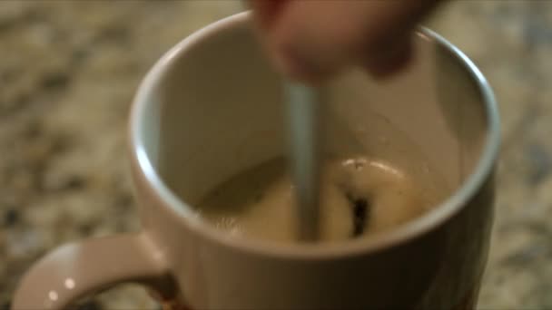 Close Male Hand Stirring Hot Coffee Mug Macro — Video