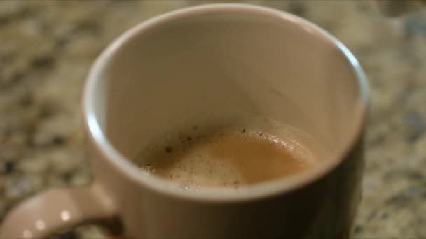 Close Sweetener Dripping Coffee Mug Macro — 图库视频影像