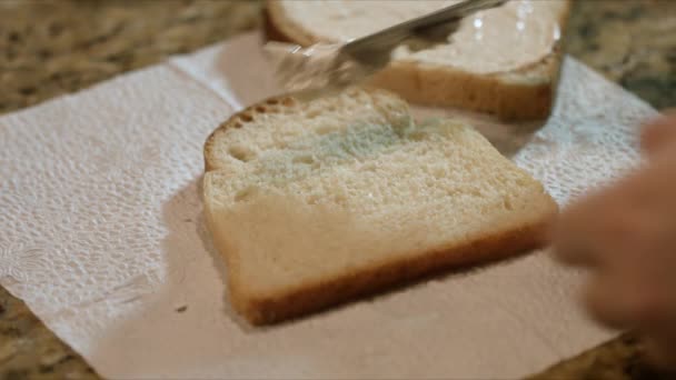 Close Male Hand Spreading Cream Bread Slice Macro — Vídeos de Stock