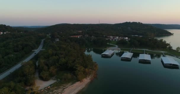 Aerial View Lake Marina Flying Sideways Show Road Forested Area — Video Stock