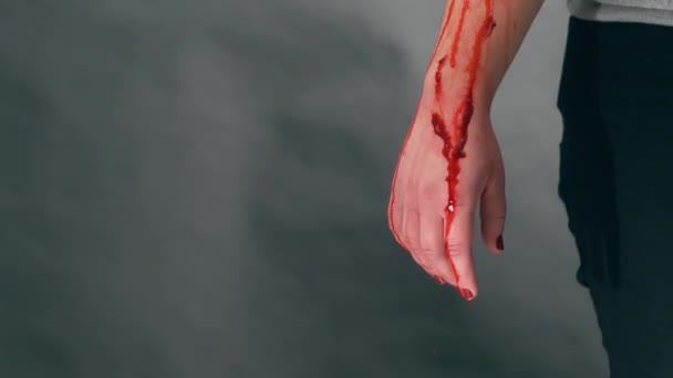 Girl Bloody Arm Lot Blood Comes Out Drops Fall Slow — Stock Video