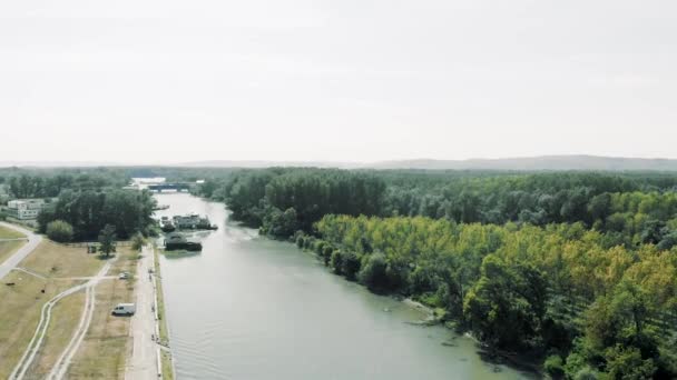 Imágenes Aéreas Cámara Lenta Del Bosque Junto Río — Vídeo de stock