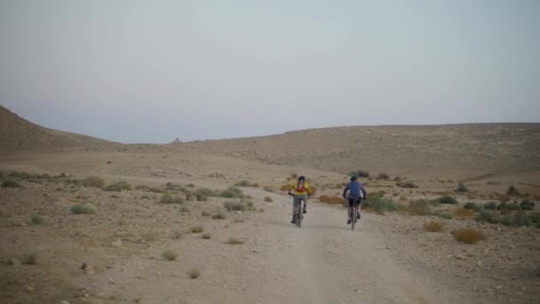 Two Cyclers Mountain Bikes Ride Road Desert Landscape — Vídeo de stock