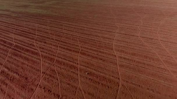 Aerial Reverse Dolly Revealing Working Windpump Farm Plowed Unused Land — 비디오