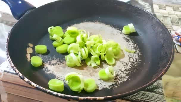 Slow Motion Sliced Young Onions Frying Pan Pouring Chopped Onions — Video