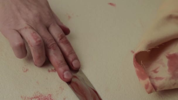 Exhausted Blood Stained Dragging Knife Floor — Vídeo de Stock