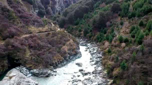 Wide Aerial Shot Skippers Canyon Shotover River Queenstown Central Otago — Stok video