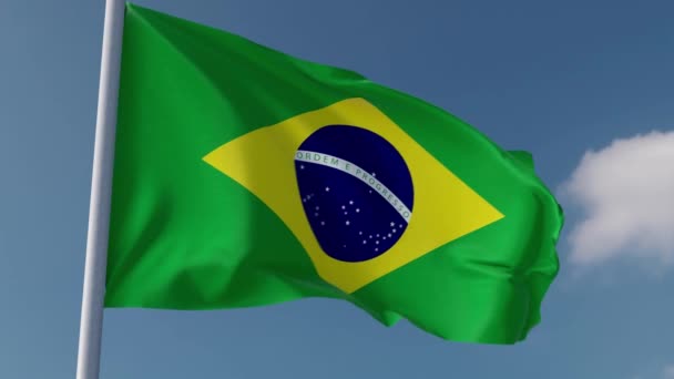 Brasile Bandiera Nazionale Sventola Nel Vento Con Sfondo Cielo Blu — Video Stock