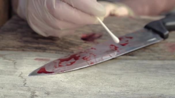 Forensic Scientist Gathers Blood Sample Evidence Crime Scene Wide Shot — Vídeo de stock