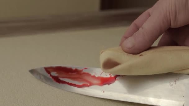 Hand Criminal Murderer Wiping Blood Evidence Knife Stabbing — Video